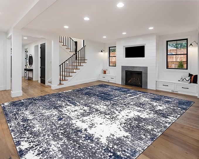 Keen Home Design Area Rugs - 10x14 Non-Shedding, Abstract Rugs for Kitchen, Living Room, Bedroom, Dining Room, Entryway - Size: 9'10" x 14', Navy/Grey/White