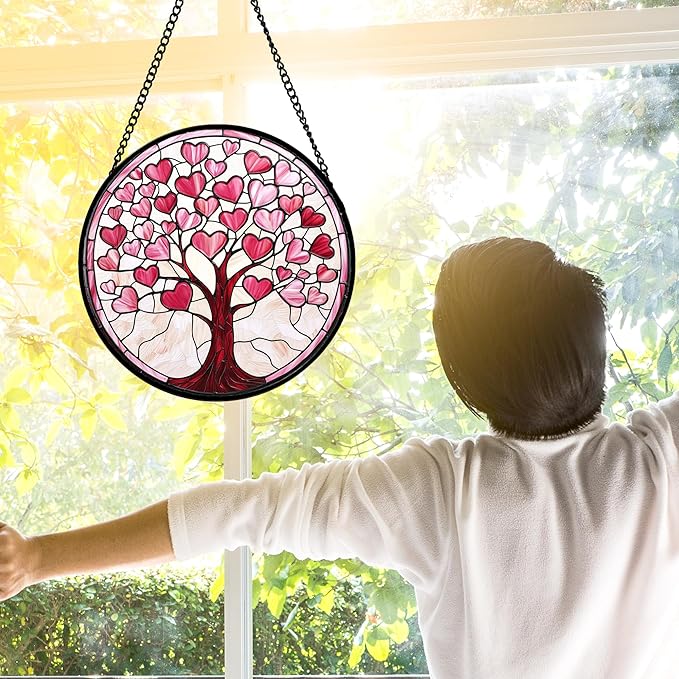 Stained Glass Window Hanging, Pink Love Heart Tree Suncatcher Hangings Beige Sun Catchers Decor for Birthday Holiday for Women, Men, Wife, Aunt, Mom 9.8IN