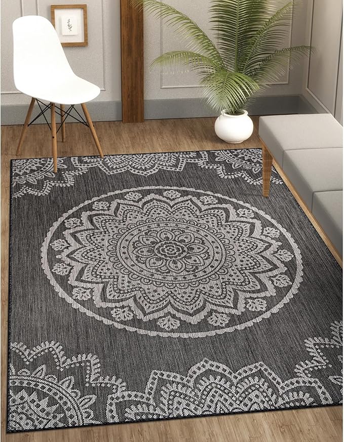CAMILSON Outdoor Rug 5x7 Modern Area Rugs for Indoor and Outdoor Patios and Porches - Waterproof Washable Non-Shedding Easy-to-Clean Outside Carpet (5 x 7, Medallion - Dark Grey/Light Grey)