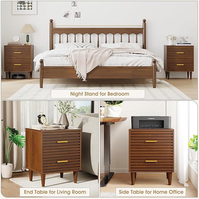 Alohappy Nightstands Set of 2, Mid Century Modern Night Stands, Fluted Bedside Table for Bedroom, Side End Table with Storage Drawers, Vintage Wood Accent Table for Living Room, Brown 2pcs