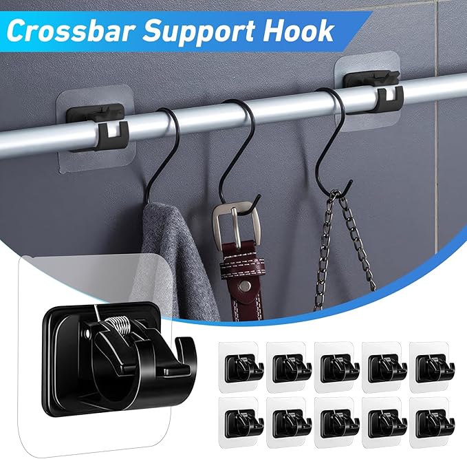 12PCS Self Adhesive Curtain Rod Holder, No Drill Curtain Rod Brackets, Nail Free Adjustable Curtain Rod Hooks, Curtain Rods No Drilling for Windows Home Kitchen Bedroom Hotel (Black)