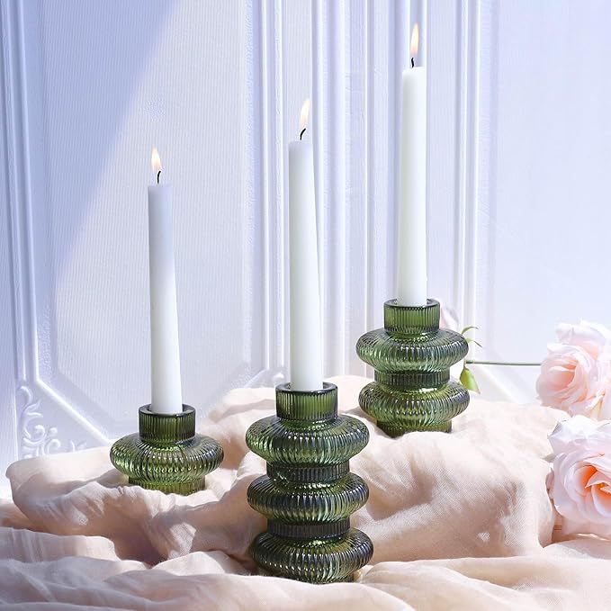 VOHO Green Candle Holder Decor for Dining Table Centerpiece, Ribbed Taper Candle Holders Versatile for Candle Sticks and Tea Lights Candles, Holiday Candlestick Holders Gifts for Friends(Set of 6)