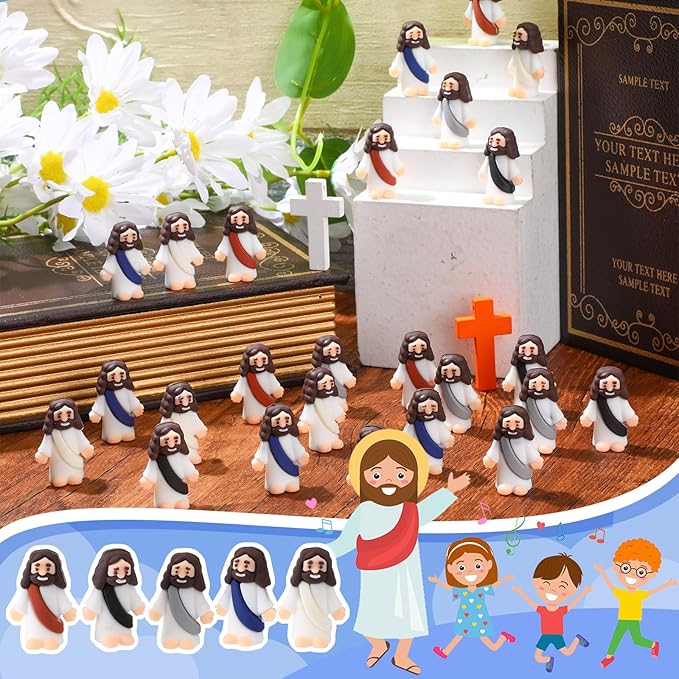 Bememo 100 Pcs Jesus Toys Original Design Mini Rubber Little Jesus Figurine to Hide and Seek Religious Party Favors Sunday School Craft Baptism Gifts for Easter Egg Stuffers (Dark Color)
