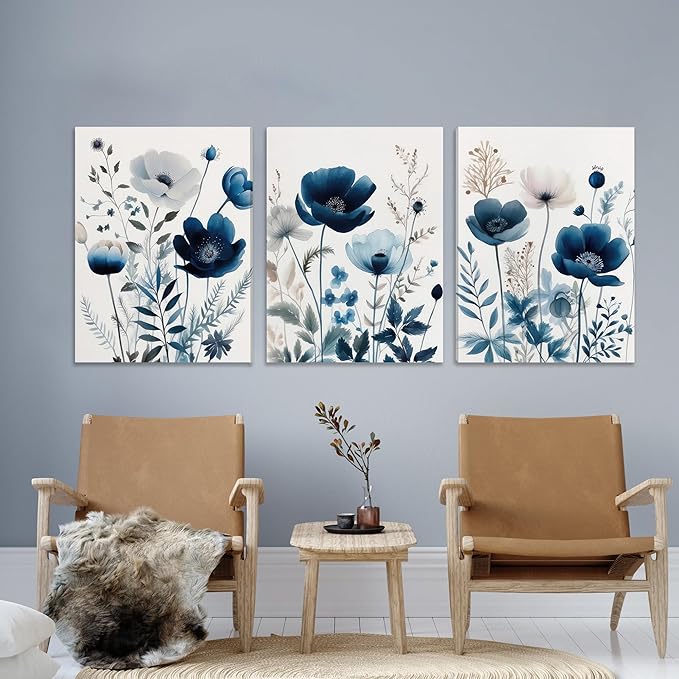DUWQU 3 Pcs Blue Floral Canvas Wall Art, Elegant Navy Blue Wildflower Lily Daisy Art Wall Decor, Watercolor Botanical Flower Home Poster Art Prints for Living Room Bedroom Bathroom 12×16 Inches