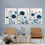DUWQU 3 Pcs Blue Floral Canvas Wall Art, Elegant Navy Blue Wildflower Lily Daisy Art Wall Decor, Watercolor Botanical Flower Home Poster Art Prints for Living Room Bedroom Bathroom 12×16 Inches