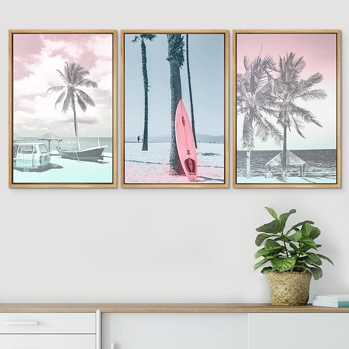 SIGNWIN Framed Canvas Print Wall Art Set Vintage Retro Hawaiian Island Hut Surfboard Nature Wilderness Photography Modern Art Landscape Relax/Calm for Living Room, Bedroom, Office - 16"x24"x3 Natural