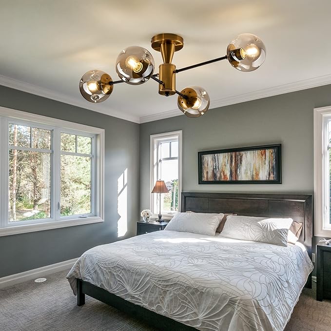Modern Semi Flush Mount Ceiling Light Fixture, 4-Light Gold Mid Century Chandelier with Glass Globe,Ceiling Lighting for Dinning Room Farmhouse Kitchen Bedroom Living Room.