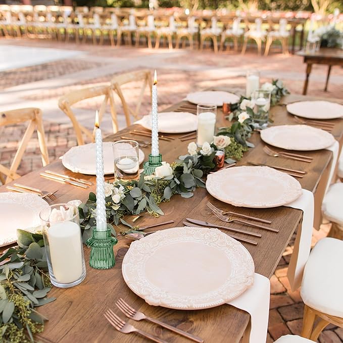 Candlestick Holders Set of 6, Ribbed Glass Taper Candle Holders, Reversible Green Tealight & Candle Stick Candle Holder Vintage Crystal Tapered Candlestick for Wedding Dinner Party Festival