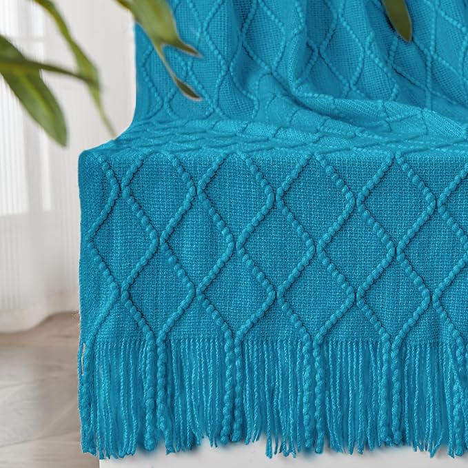 inhand Teal Throw Blanket for Couch and Bed, Soft Living Room Home Decor Knitted Blanket with Tassel, Outdoor Lightweight Breathable Summer Blanket, Farmhouse Warm Woven Decorative, 50"x60"