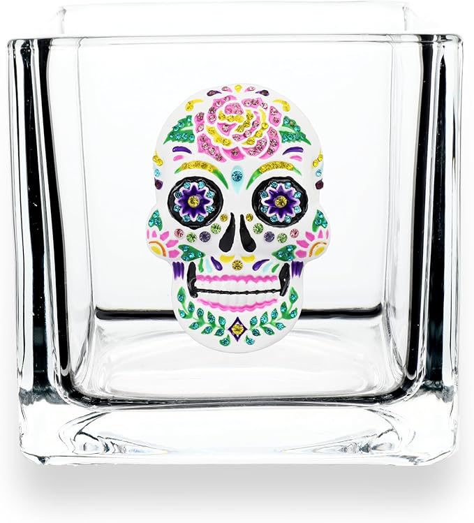 THE QUEENS' JEWELS Sugar Skull Jeweled 4x4 Candle Holder Vase - Unique Gift for Women, Birthday, Cute, Fun, Cocktail, Queen, Not Painted, Decorated, Bling, Bedazzled, Rhinestone