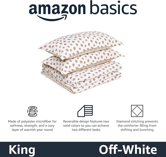 Amazon Basics Lightweight Microfiber Comforter Sets, 3-Pieces, Off White, Floral, King