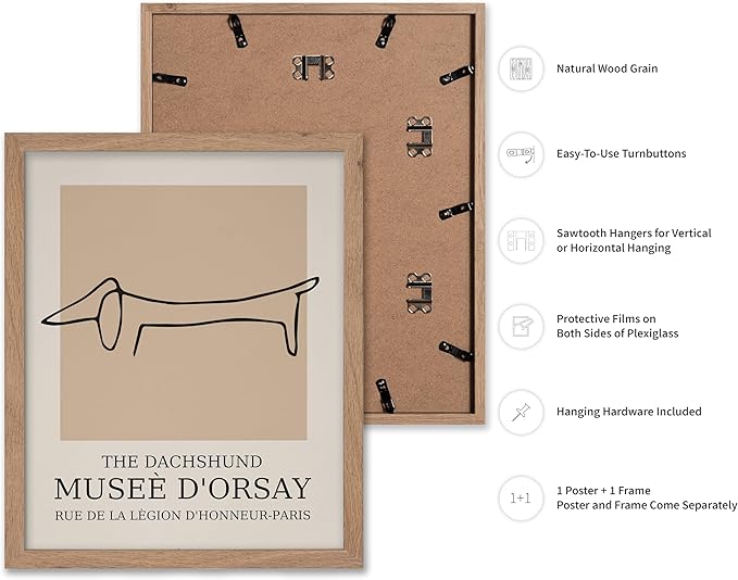 Poster Master Vintage Poster - Retro Minimalist Print - Gift for Artist, Housewarming - Dachshund Dog, Line Drawing, Abstract - Wall Decor for Living Room, Bedroom, 11x14 Beige Framed