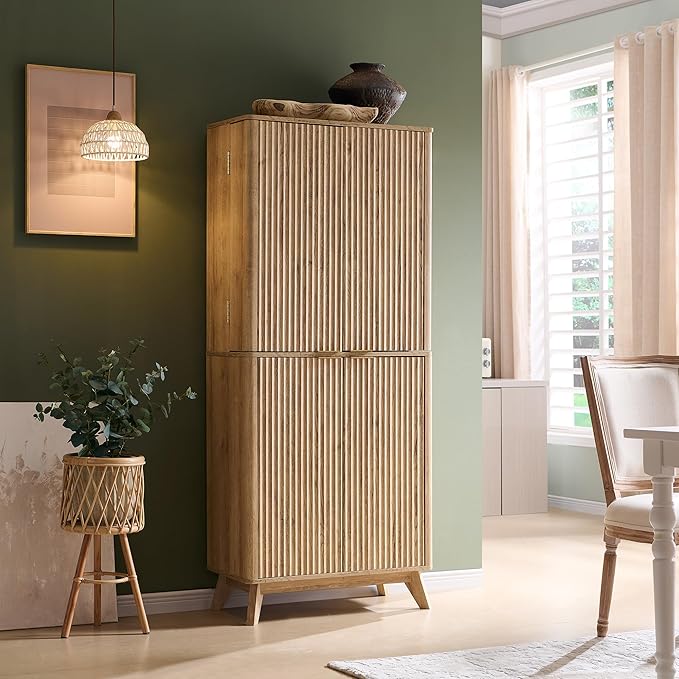 OKD Fluted Kitchen Pantry, 72" Tall Mid Century Modern Storage Cabinet with Adjustable Shelves & Door Organizer, Wood Cabinet for Kitchen, Living Room, Natural Oak