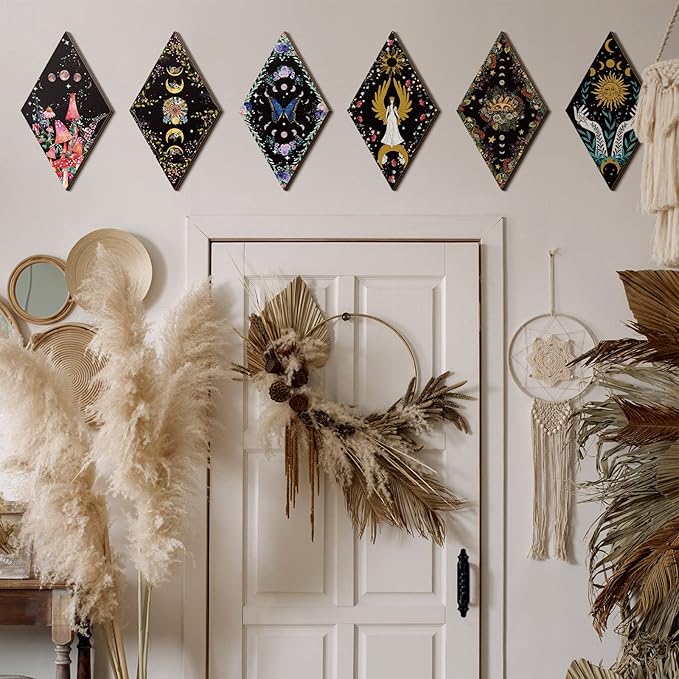 Qunclay 6 Pcs Rustic Boho Wall Decor Gothic Wall Art Witchy Phases Moon Sun Home Decor Wooden Farmhouse Hanging Halloween Christmas Decoration(Classic Style)