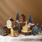 18pcs Wooden Christmas Village Set Colorful Houses and Multicolored Church with Electronic Candle Light and Xmas Tree for Christmas Party Supplies and Holiday Figurines Gift
