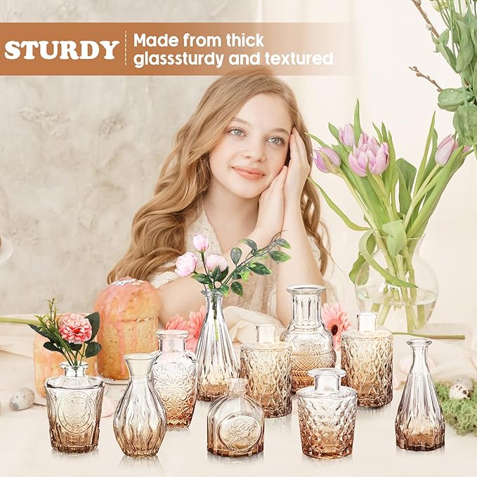 20 Pcs Glass Bud Vase Set Small Vintage Flower Vase in Bulk for Centerpieces Rustic Decorative Glass for Wedding Table Home Christmas Decoration (Amber)