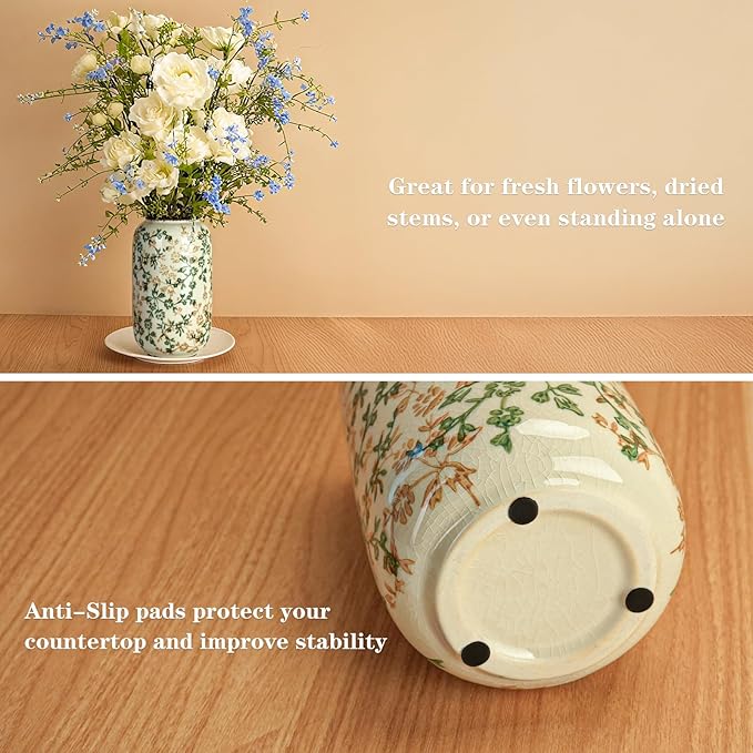 Rustic Vases for Decor, Farmhouse Ceramic Vase for Flowers, Vintage Decorative Vase for Home Decor, Dining Table, Living Room, Shelf, Kitchen, Bedroom (Green and Beige)