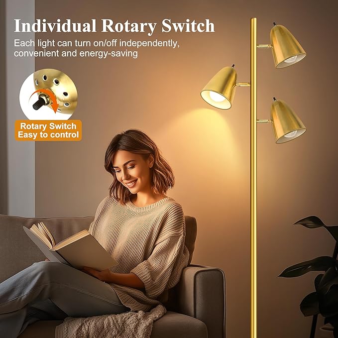 QiMH Tree Floor Lamp with 3 Light Bulbs, Standing Tall Pole Lamps for Living Room Bedroom Office, Reading Stand up Lamps with 3 Adjustable Arms, Brushed Gold