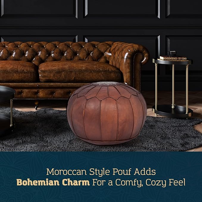 Marrakesh Gallery Genuine Leather Round Pouf Unstuffed - Moroccan Ottoman Footstool, Footrest Cover - Boho Decor - Bohemian Living Room, Bedroom, Kids Room, Gift & Wedding