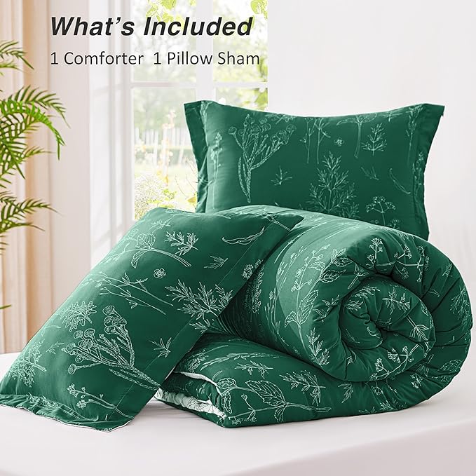 Love's cabin Emerald Twin Comforter Set - Twin XL Size Comforter Set Dorm Bedding, 2 Pieces Cute Floral Bedding, Soft Reversible Flowers Comforter, 1 Comforter & 1 Pillow Sham