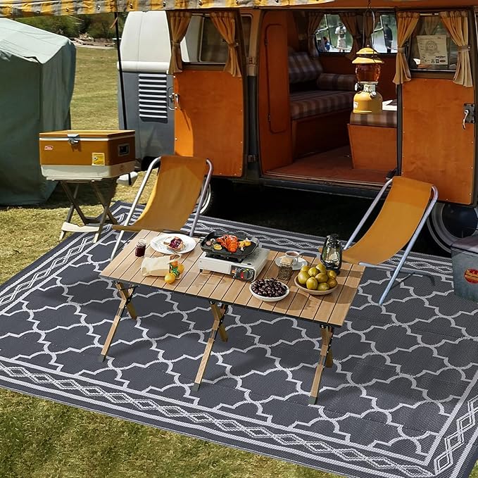 GAOMON Outdoor Rug Waterproof 8'x10', Reversible Outdoor Plastic Straw Rug, Boho Patio Rug, Indoor Outdoor Carpet, RV Mat Outside for Patio, Camp, Picnic, Balcony, Deck, Grey/White(Geometric)