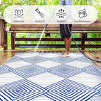 Waterproof Outdoor Rug 6x9ft, Foldable Reversible Plastic Straw Mat for Patio RV Deck Porch Backyard Balcony Camping Picnic Beach Indoor Outdoor Carpet, Blue&White