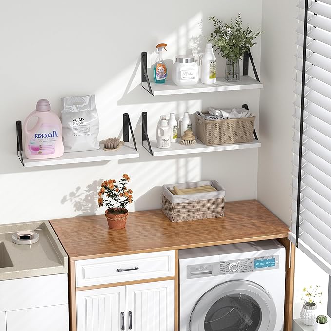 Heimlove Floating Shelves for Wall, 16 Inch Long Wood Floating Shelves Set of 3, Wall Mounted Hanging Shelf for Bathroom Bedroom Kitchen, White