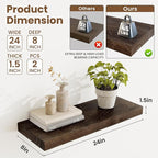 Floating Shelves, 8" Deep Rustic Solid Elm Wood Wall Mounted Floating Shelves, Wall Shelves with Invisible Bracket for Living Room Bathroom Bedroom Kitchen, 24 Inch Set of 2, Walnut