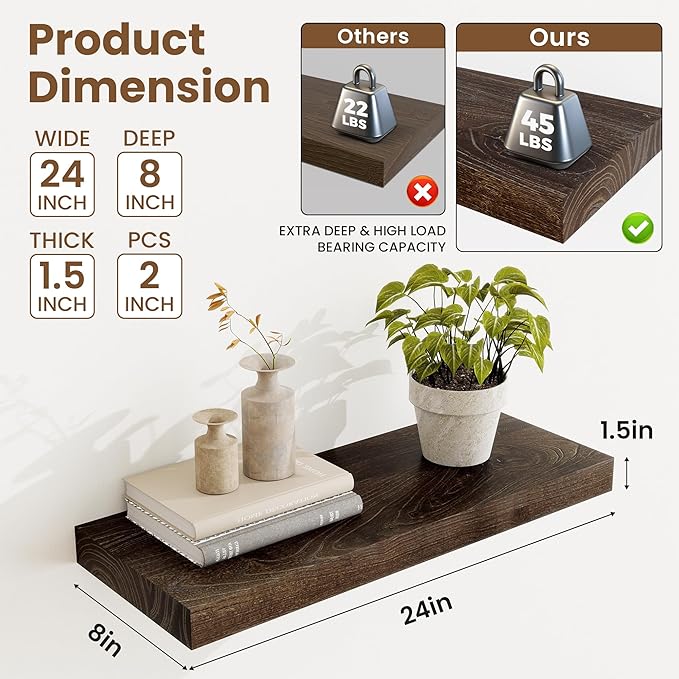 Floating Shelves, 8" Deep Rustic Solid Elm Wood Wall Mounted Floating Shelves, Wall Shelves with Invisible Bracket for Living Room Bathroom Bedroom Kitchen, 24 Inch Set of 2, Walnut