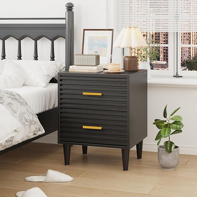 Alohappy Nightstands, Mid Century Modern Night Stands, Fluted Bedside Table for Bedroom, End Table with Storage Drawers, Vintage Bed Side Table Wood Accent Table for Living Room, Black 1pc