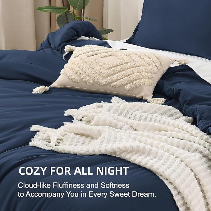 Litanika Navy Blue Oversized King Comforter Set Super King Plus Size, 3 Pieces Lightweight Solid Bedding Comforter Set, All Season Fluffy Bed Set (128x120In Comforter & 2 Pillowcases)