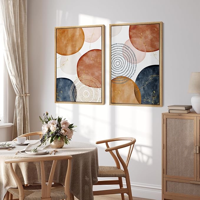 SIGNFORD Framed Wall Art Print Set Vintage Mid-Century Spiral Watercolor Dot Abstract Shapes Illustrations Modern Minimalist Multicolor for Living Room, Bedroom, Office - 16"x24"x2 Natural