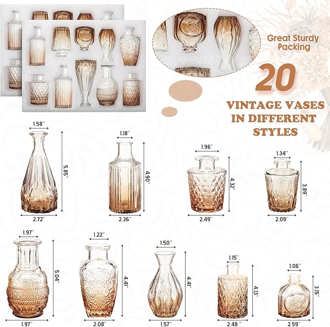 20 Pcs Glass Bud Vase Set Small Vintage Flower Vase in Bulk for Centerpieces Rustic Decorative Glass for Wedding Table Home Christmas Decoration (Amber)