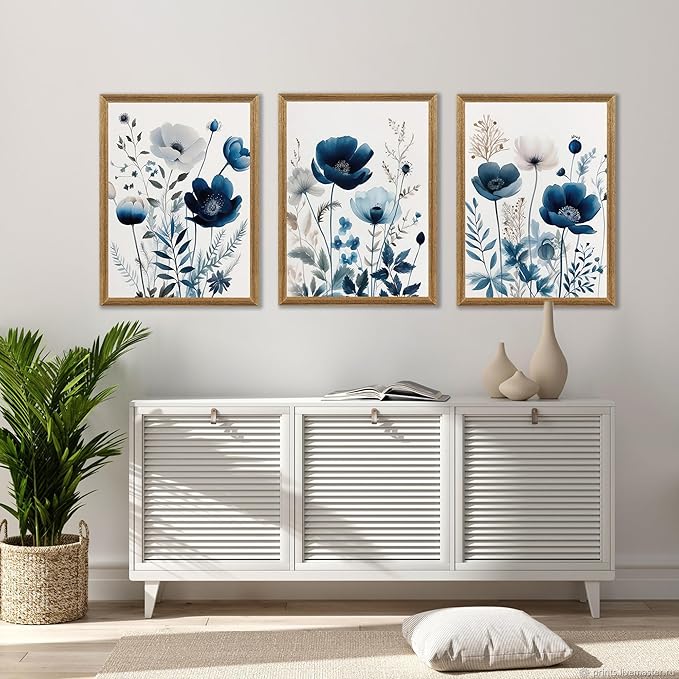 DUWQU 3 Pcs Blue Floral Canvas Wall Art, Wood Framed Navy Blue Wildflower Lily Daisy Art Wall Decor, Watercolor Botanical Flower Home Poster Art Prints for Living Room Bedroom Bathroom 12×16 Inches