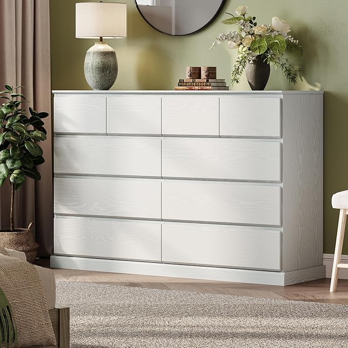 LINSY HOME 10 Drawer Dresser for Bedroom, 53" Wide Chest of Deep Drawers, Modern Farmhouse Wood Dressers with Storage, Large Drawer Organizer for Bedroom, Living Room, Handless Design, White