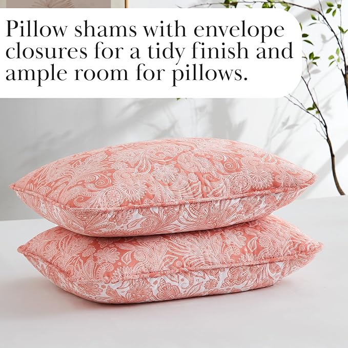 Southshore Fine Living, Inc. Paisley Quilt Queen Size Bedding Set, Summer Coverlet, Boho Bedspread, 3-Piece Farmhouse Bedding with Two Matching Pillow Shams, Full/Queen Bed Set, Reversible Coral