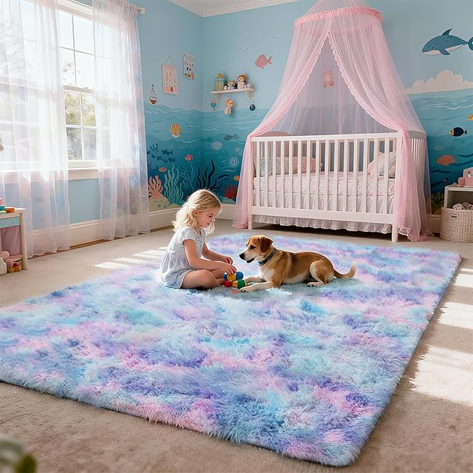 8x10 Fluffy Area Rugs for Living Room,Shag Area Rug for Bedroom,Soft Fuzzy Rug Non-Shedding Indoor Plush Carpet for Kids Bedroom Nursery Home Decor,Rainbow Purple