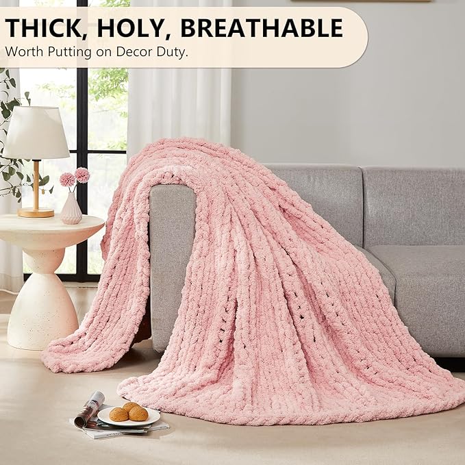 L'AGRATY Chunky Knit Blanket Throw: 80''x90'' Chenille Chunky Knitted Throw Blanket for Bed Couch - Handmade Thick Big Cable Knit Blanket - Large Chunky Crochet Rope Blanket for Home Decor(Pink)