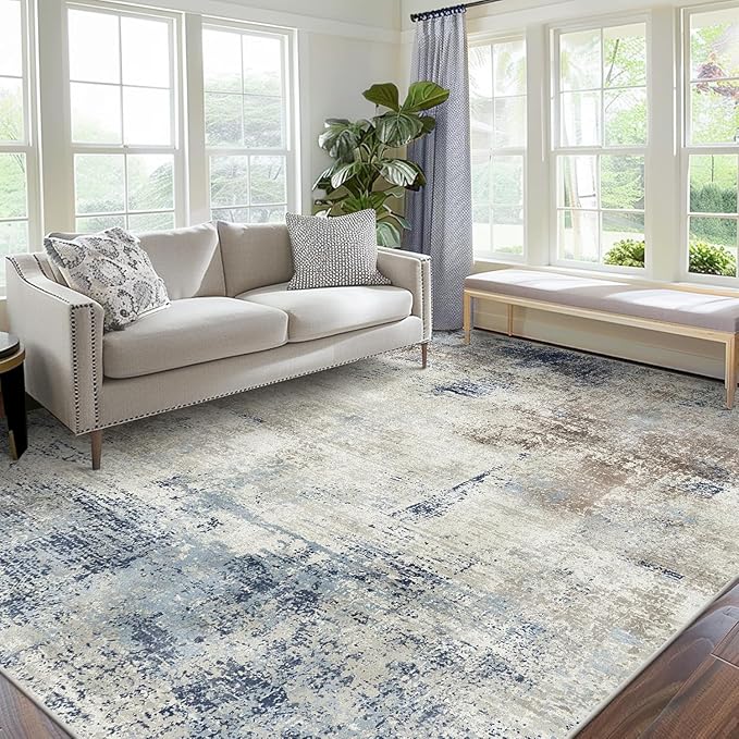 Area Rugs 3x5 Machine Washable Rug for Bedroom Living Room, Large Modern Abstract for Dining Room, Indoor Low Pile Carpet Soft Rugs with Non Slip Rubber Backing, Abstract Blue Gray