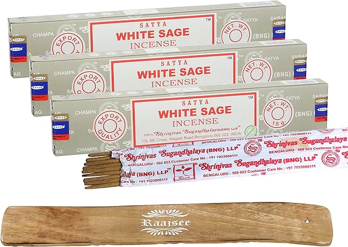 Satya Nagchampa White Sage Incense Sticks, Satya Bng (Bangalore) Insenses 15gmx3 Pack (45 GMS) with Raajsee Incense Holder Bundle, Satya Nagchampa Natural Incense