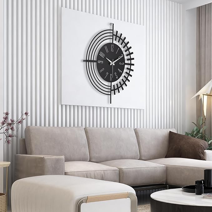 Large Metal Wall Clock | 20 inch Size Silent Battery Operated Large Size Analog Black Wall Clocks | Modern Wall Decor for Living Room Bedroom Kitchen Home Office
