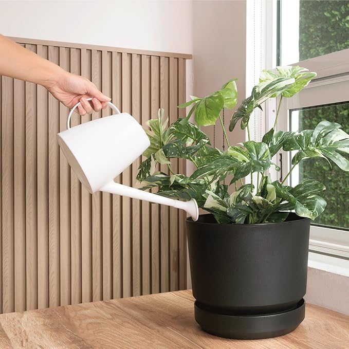 Elly Décor 14 inch Plastic Cylinder Planter Pot with Self-Watering Saucer and Drainage Hole,Lightweight & Extremely Durable, 14"x 14", Charcoal