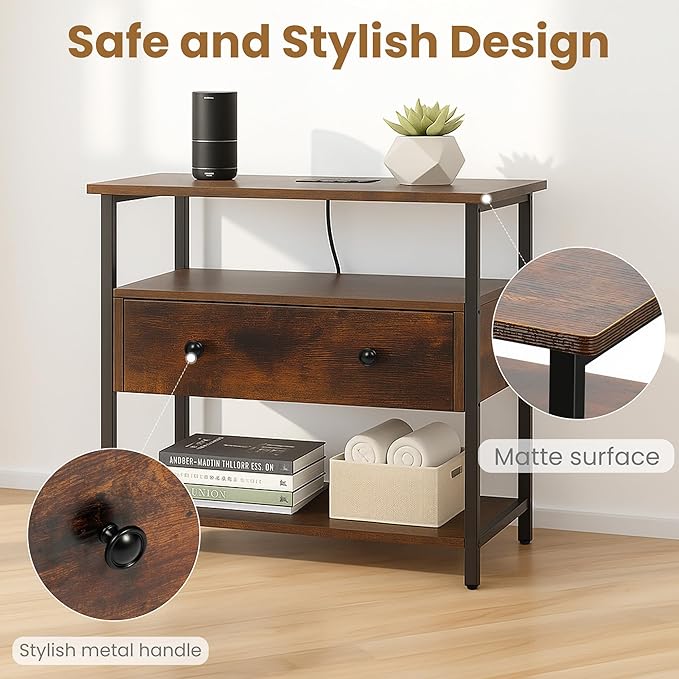 27 Inch Wide Night Stand with Charging Station, Wood Nightstand with Open Shelf, Large Drawer Bedside Table for Living Room/Bedroom/Office (Retro Brown)