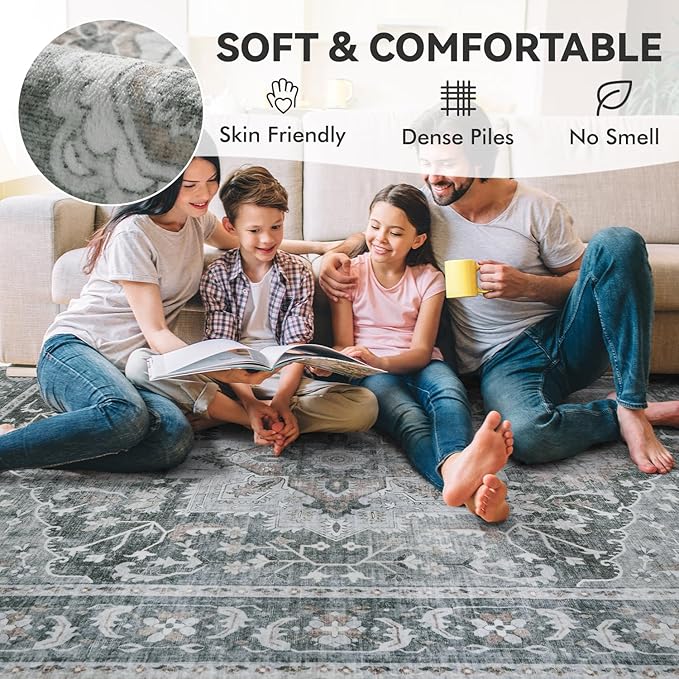 5 ft Round Rugs for Living Room Bedroom Rug Circle Area Rug for Dining Room Table Throw Neutral Vintage Circular Rugs Washable Soft Comfortable Grey