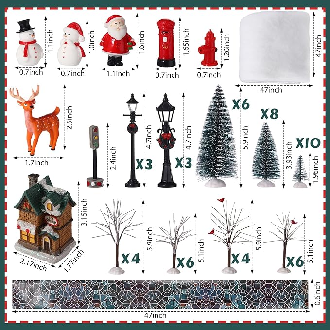 Kajaia 68 Pieces Christmas Winter Houses Village Set, Christmas Bare Branch Trees Snowman Winter Village Town Buildings Accessories Set for Christmas Figurine Village Miniature Home Desktop Decor