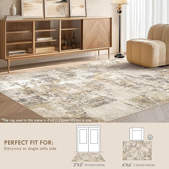 Tortania Washable 3x5 Area Rug - Modern Abstract Neutral Rugs Indoor Soft Thin Mat Non Slip Carpet for Entrance Front Door Living Room Bedroom Home Floor Decoration - Beige/Brown/Gray