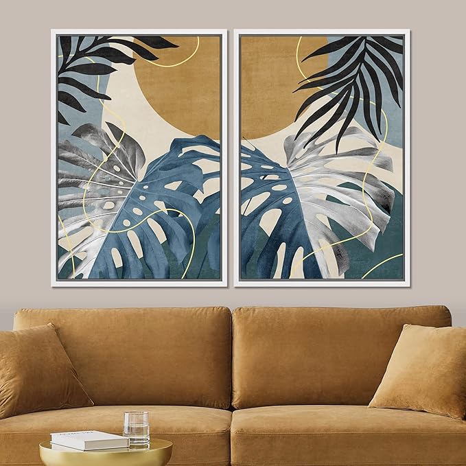 SIGNFORD Framed Canvas Print Wall Art Set Jungle Tropical Monstera Palm Leaf Abstract Shapes Illustration Modern Art Decorative Nordic Nature for Living Room, Bedroom, Office - 24"x36"x2 White
