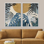 SIGNFORD Framed Canvas Print Wall Art Set Jungle Tropical Monstera Palm Leaf Abstract Shapes Illustration Modern Art Decorative Nordic Nature for Living Room, Bedroom, Office - 24"x36"x2 White