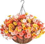 Artificial Fall Flowers Fake Hanging Plants Flowers Basket for Outdoors Autumn Decoration, Silk Morning Glory with Eucalyptus Look Real UV Resistant Faux Flowers for Outside Porch Patio Balcony, Mix