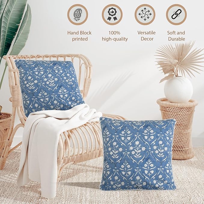 Ridhi Hand Block Print 18x18 Baby Blue Decorative Outdoor Couch Throw Canvas Pillow Cover Set of 2 Washable Modern Vintage Boho Chic Spring Home Decor Gifts Cover